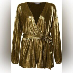 Yoins Metallic Gold Wrap Tie Front Romper With Pockets Women's XL Holiday NYE